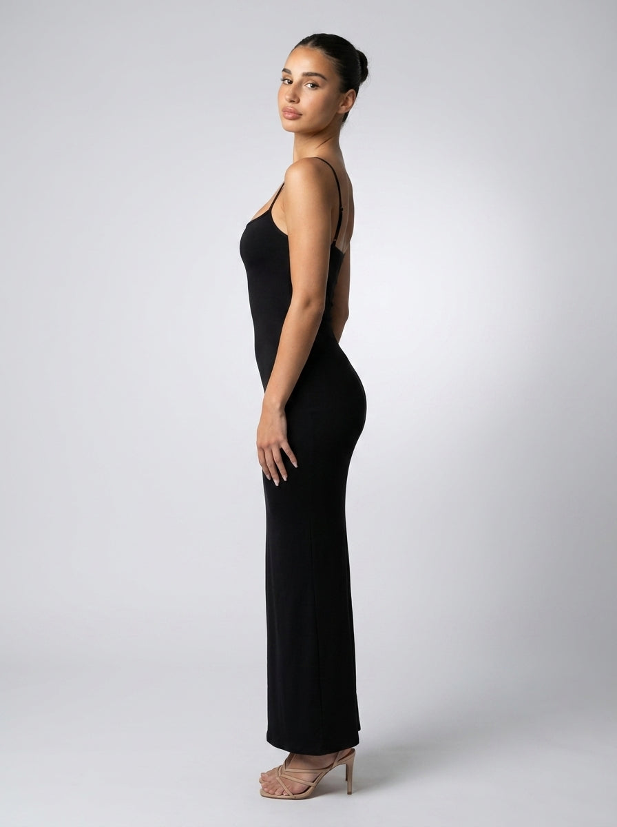 Ludivine Scoop Neck Spaghetti Strap Bodycon Maxi Dress in Black