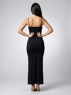 Ludivine Scoop Neck Spaghetti Strap Bodycon Maxi Dress in Black