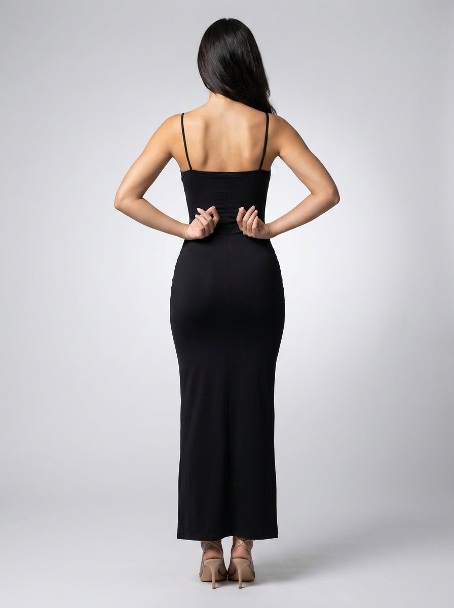 Ludivine Scoop Neck Spaghetti Strap Bodycon Maxi Dress in Black