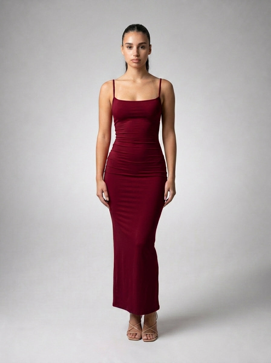 Ludivine Scoop Neck Spaghetti Strap Bodycon Maxi Dress in Burgundy