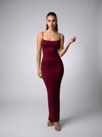 Ludivine Scoop Neck Spaghetti Strap Bodycon Maxi Dress in Burgundy