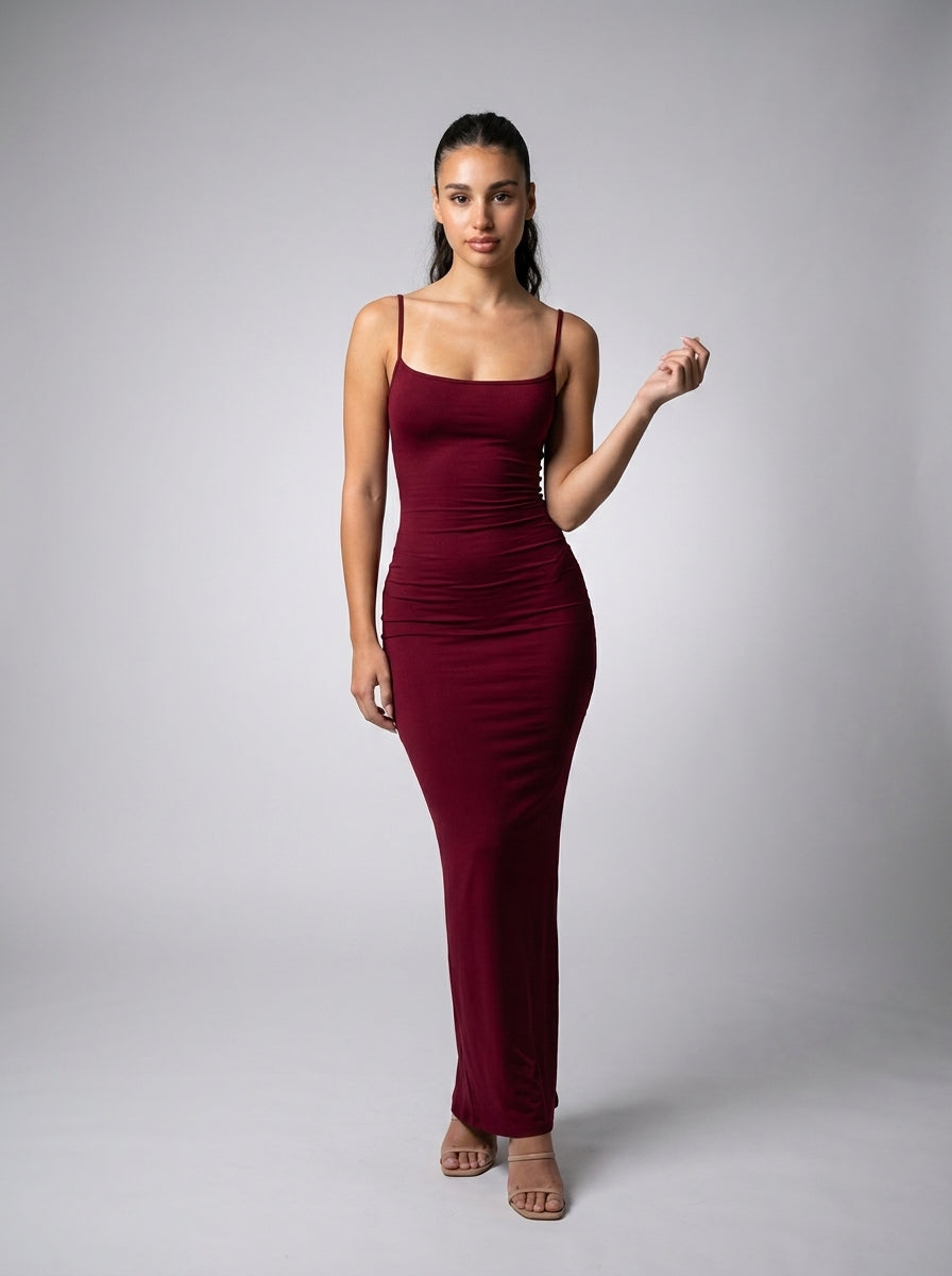Ludivine Scoop Neck Spaghetti Strap Bodycon Maxi Dress in Burgundy