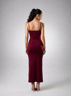 Ludivine Scoop Neck Spaghetti Strap Bodycon Maxi Dress in Burgundy