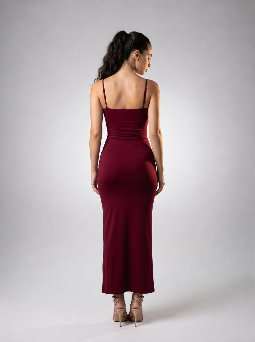 Ludivine Scoop Neck Spaghetti Strap Bodycon Maxi Dress in Burgundy