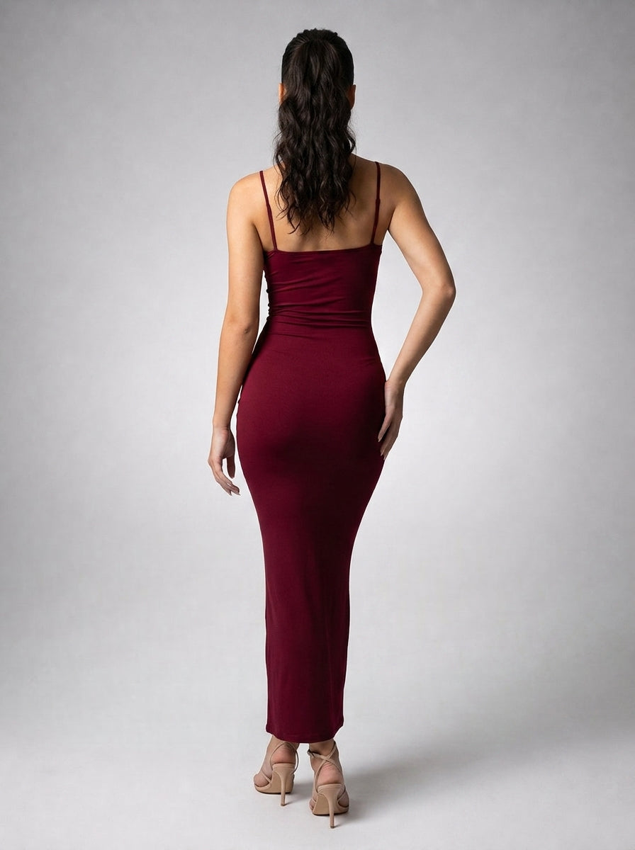 Ludivine Scoop Neck Spaghetti Strap Bodycon Maxi Dress in Burgundy