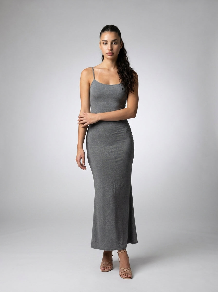 Ludivine Scoop Neck Spaghetti Strap Bodycon Maxi Dress in Grey