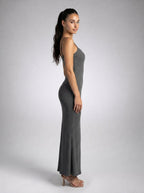 Ludivine Scoop Neck Spaghetti Strap Bodycon Maxi Dress in Grey