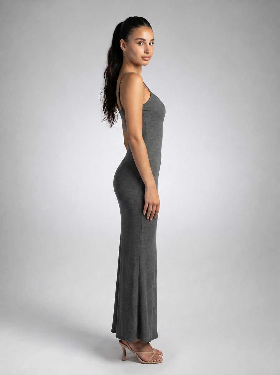 Ludivine Scoop Neck Spaghetti Strap Bodycon Maxi Dress in Grey