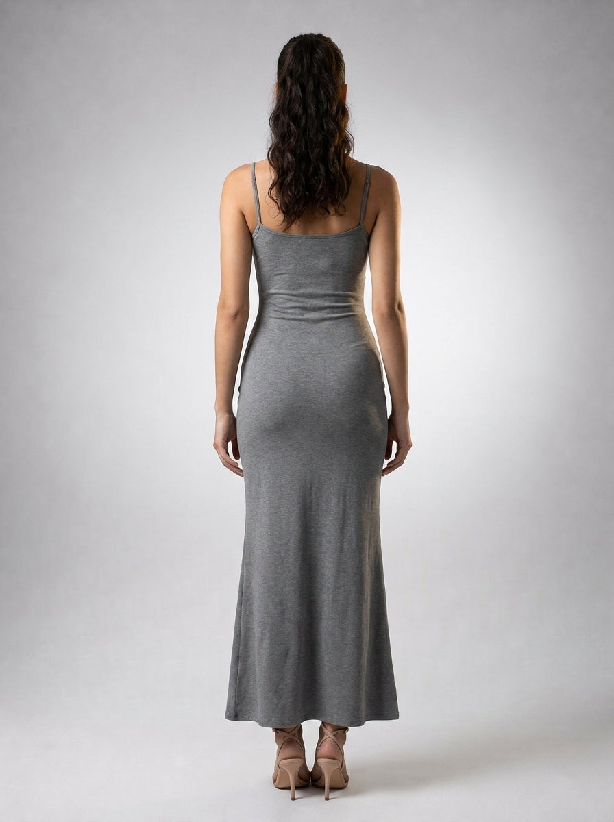 Ludivine Scoop Neck Spaghetti Strap Bodycon Maxi Dress in Grey
