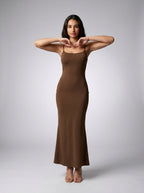 Ludivine Scoop Neck Spaghetti Strap Bodycon Maxi Dress in Brown