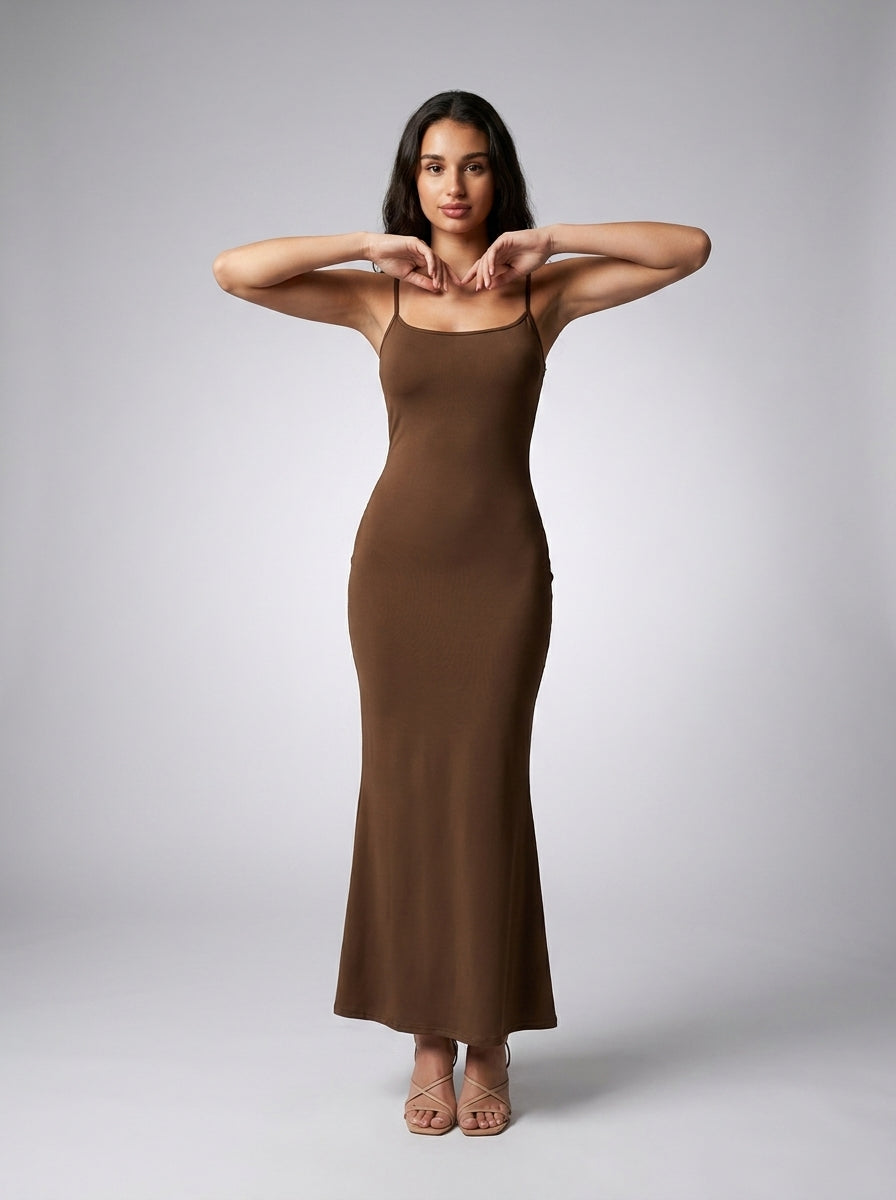 Ludivine Scoop Neck Spaghetti Strap Bodycon Maxi Dress in Brown