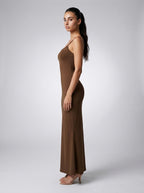 Ludivine Scoop Neck Spaghetti Strap Bodycon Maxi Dress in Brown