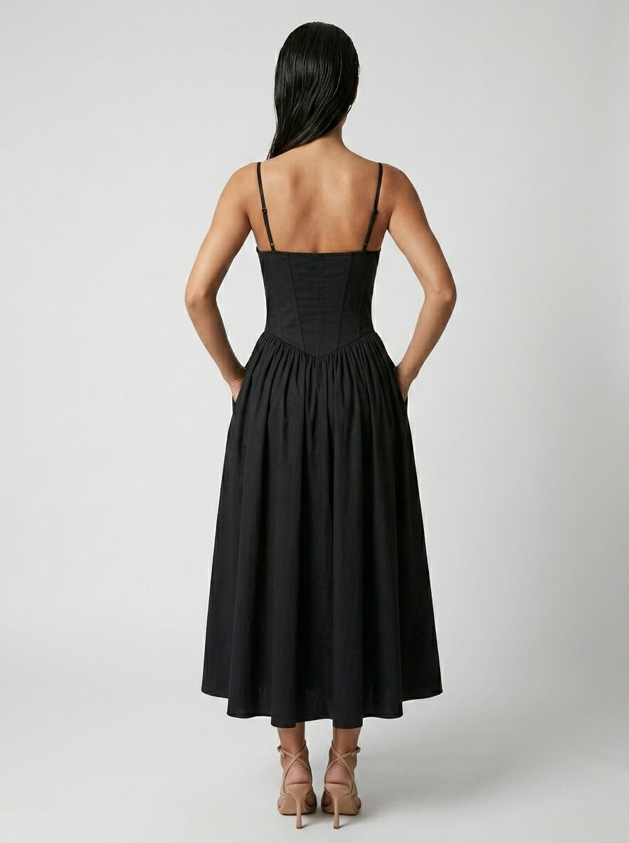 Evangeline Corset Sweetheart A Line Midi Dress in Black