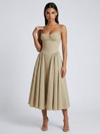 Evangeline Corset Sweetheart A Line Midi Dress in Beige