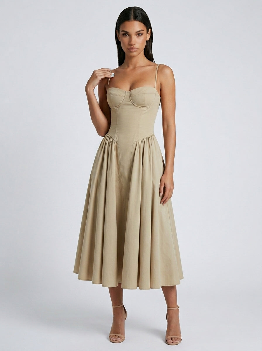 Evangeline Corset Sweetheart A Line Midi Dress in Beige