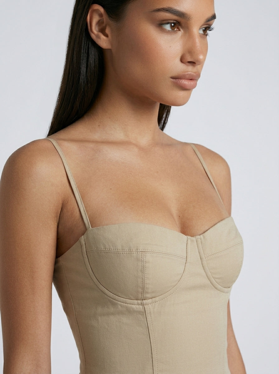 Evangeline Corset Sweetheart A Line Midi Dress in Beige
