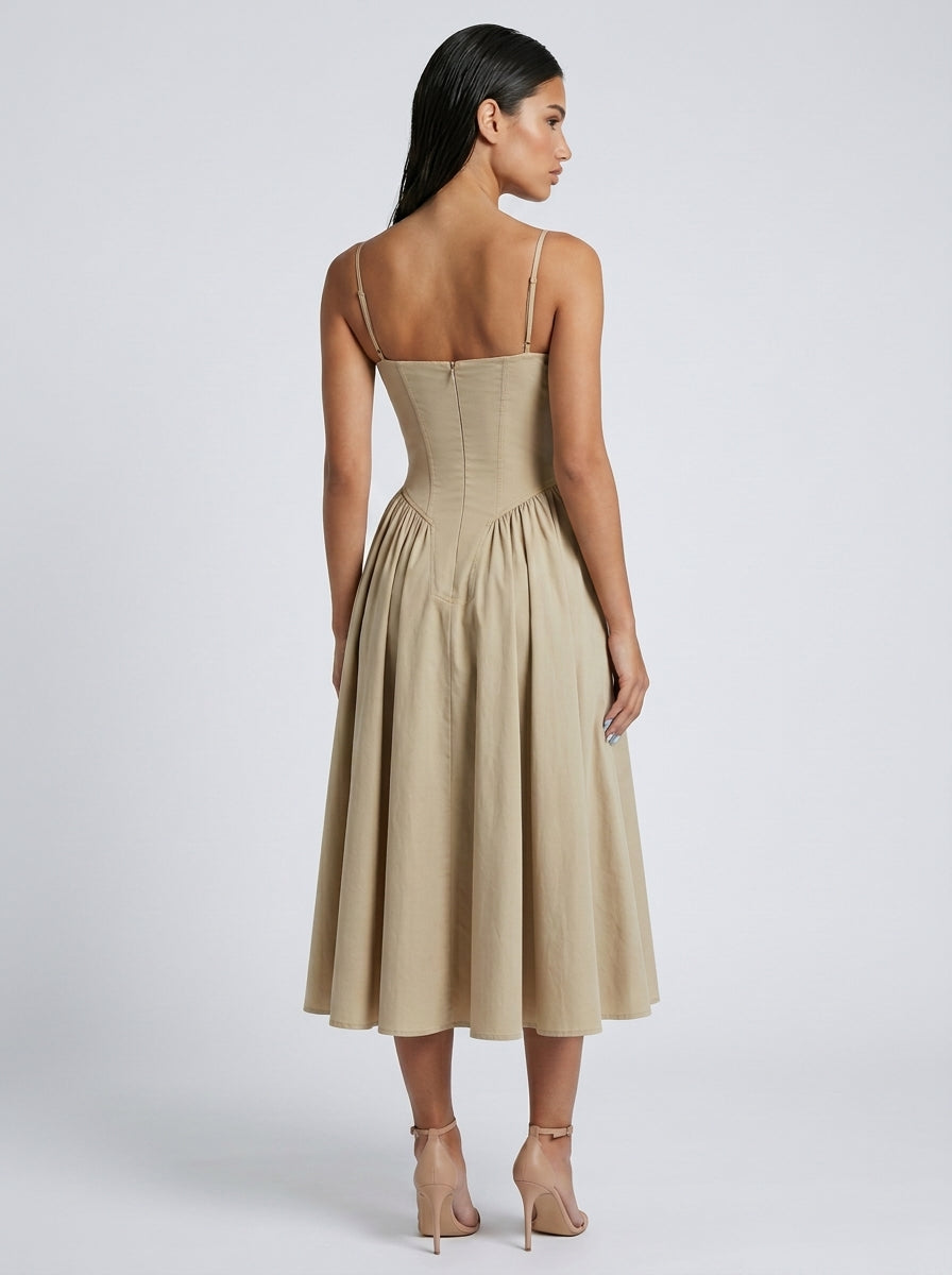 Evangeline Corset Sweetheart A Line Midi Dress in Beige