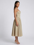 Evangeline Corset Sweetheart A Line Midi Dress in Beige