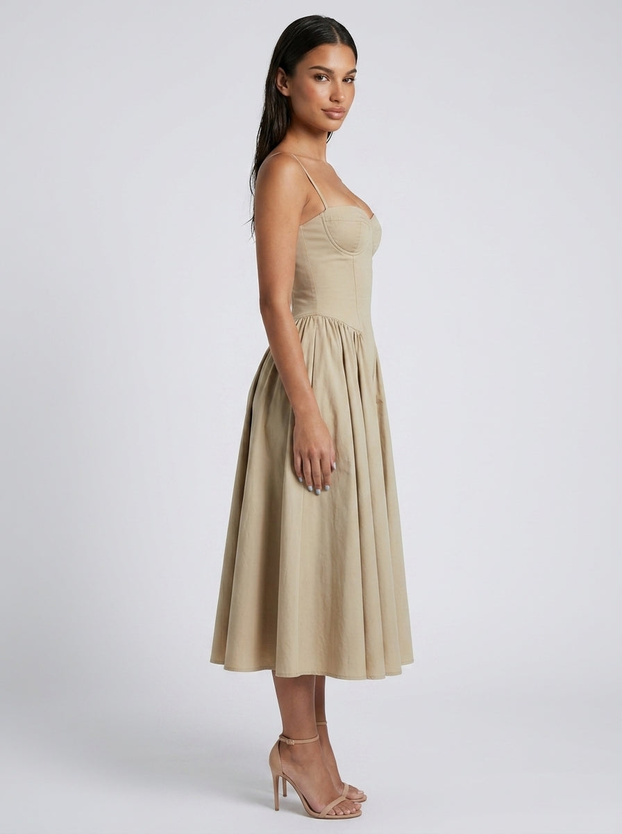 Evangeline Corset Sweetheart A Line Midi Dress in Beige