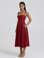 Evangeline Corset Sweetheart A Line Midi Dress in Burgundy