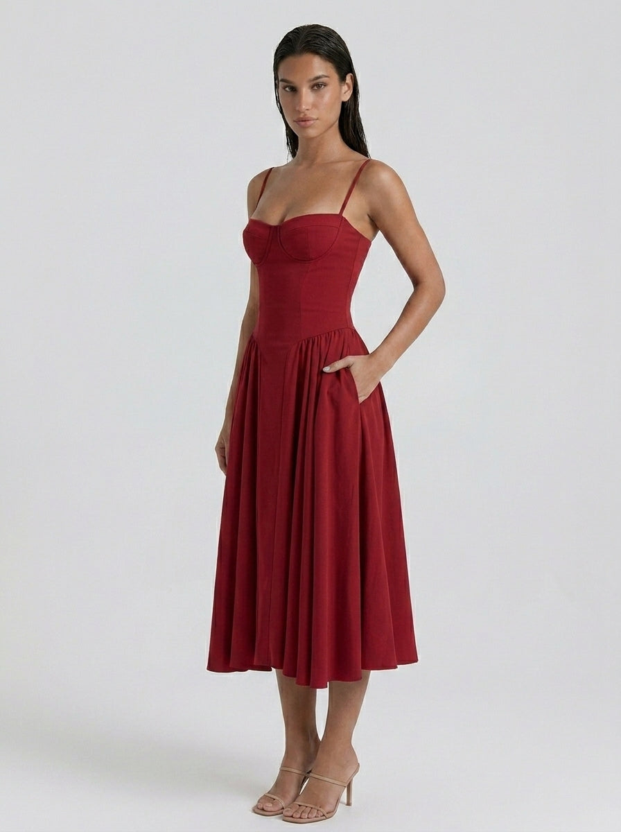 Evangeline Corset Sweetheart A Line Midi Dress in Burgundy