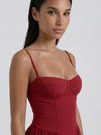 Evangeline Corset Sweetheart A Line Midi Dress in Burgundy