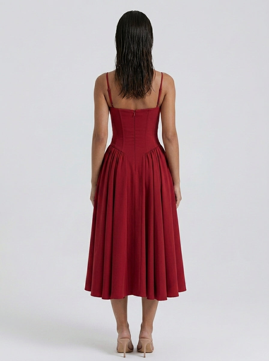 Evangeline Corset Sweetheart A Line Midi Dress in Burgundy