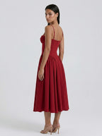 Evangeline Corset Sweetheart A Line Midi Dress in Burgundy