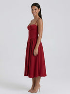Evangeline Corset Sweetheart A Line Midi Dress in Burgundy