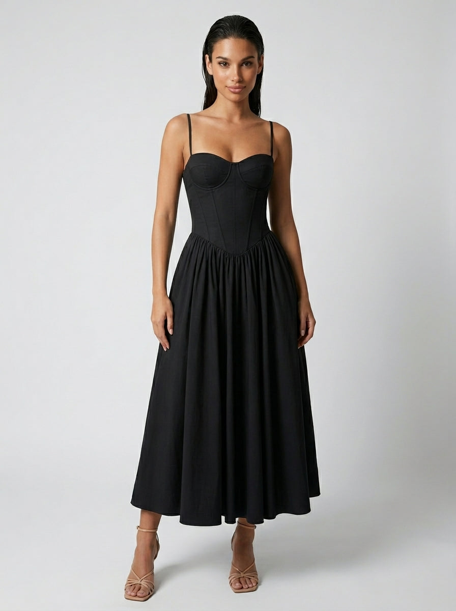 Evangeline Corset Sweetheart A Line Midi Dress in Black