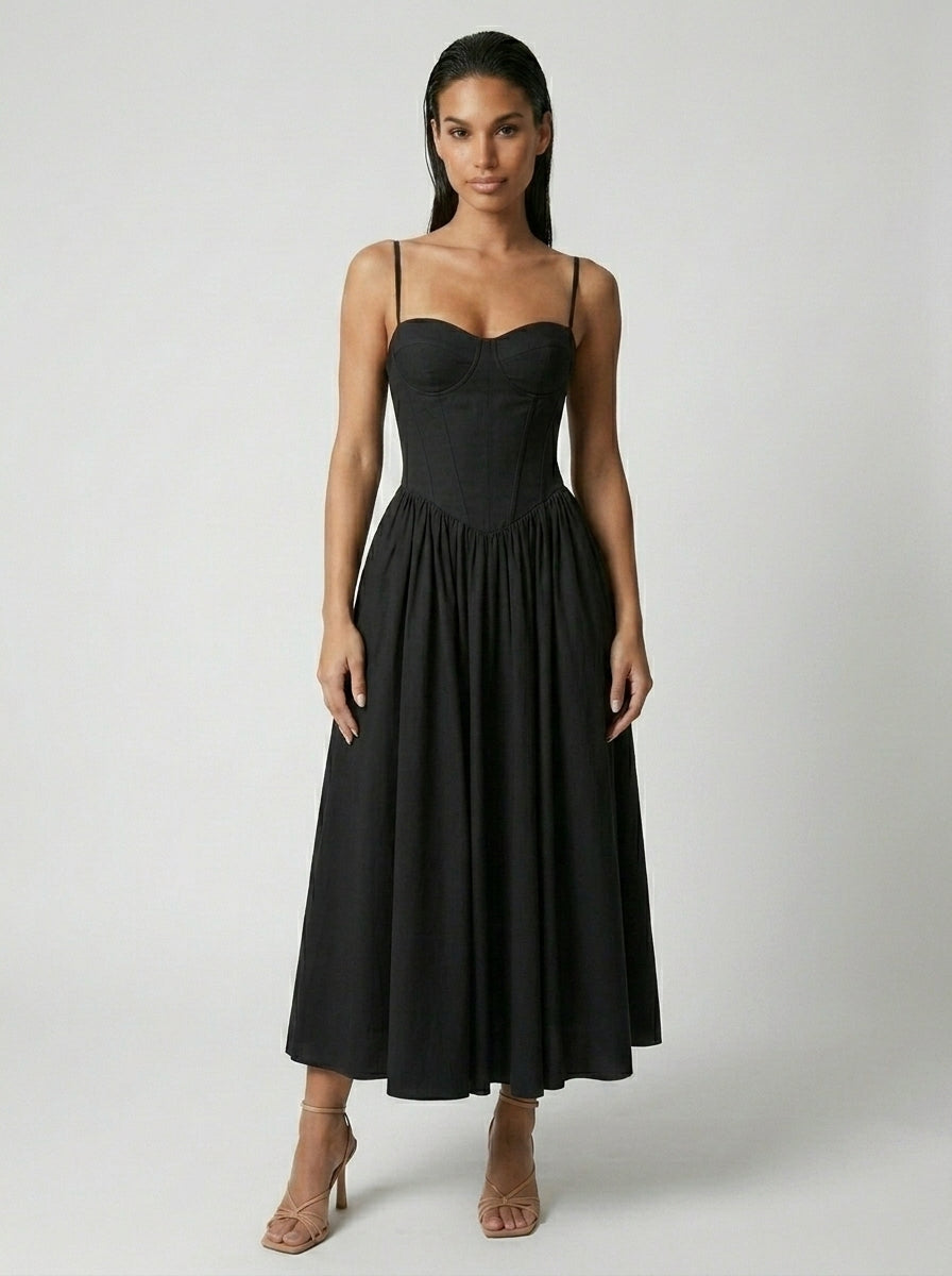 Evangeline Corset Sweetheart A Line Midi Dress in Black