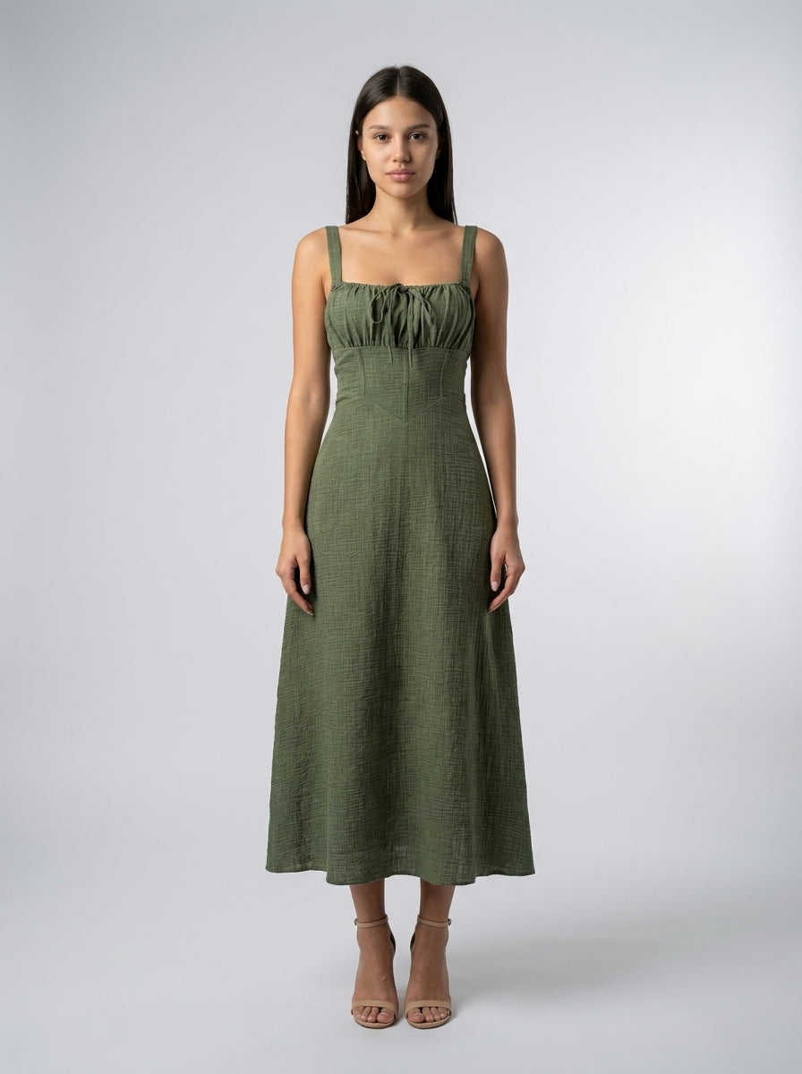 Maren Corset Square Neck Maxi Dress in Olive