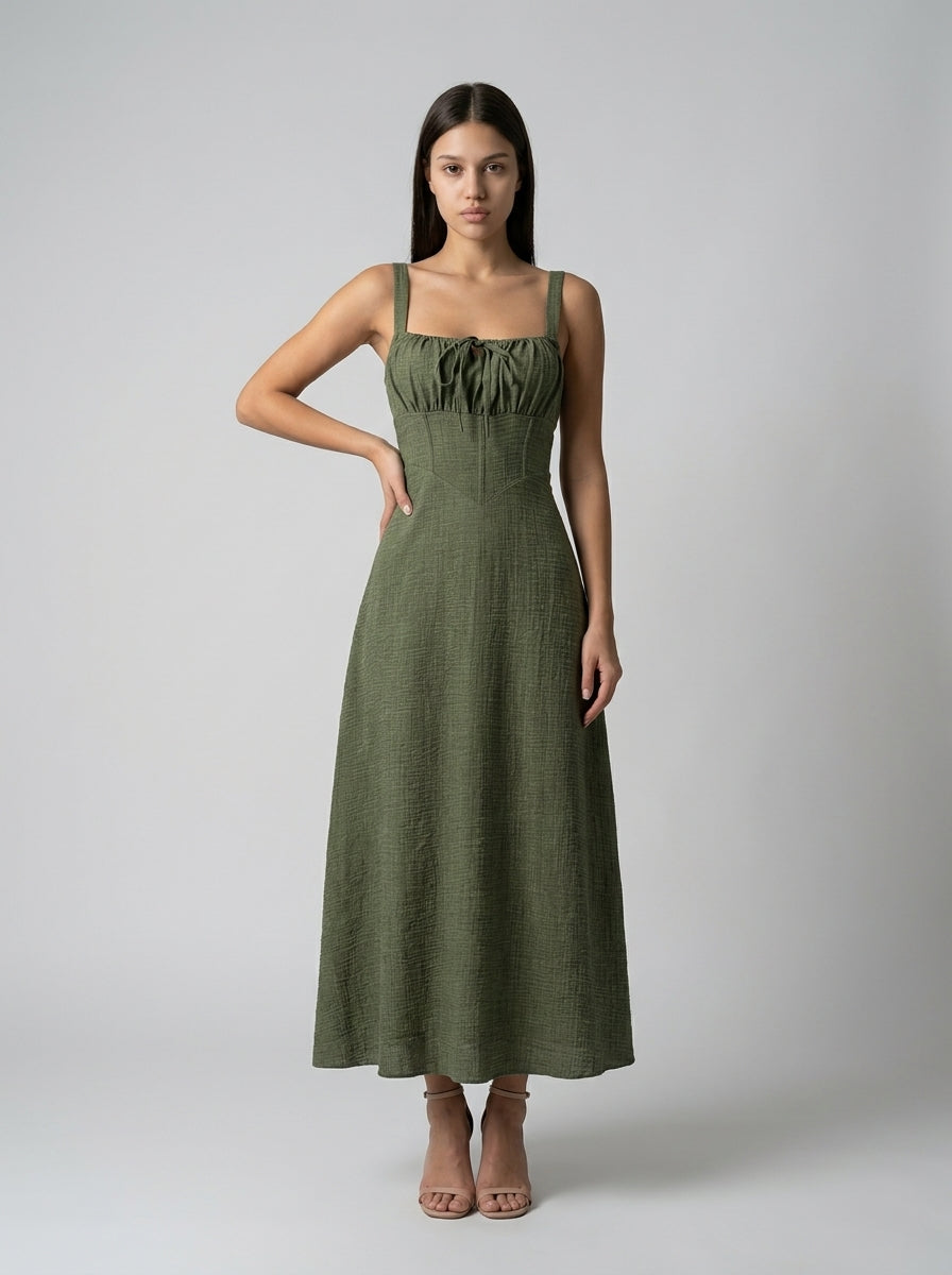 Maren Corset Square Neck Maxi Dress in Olive