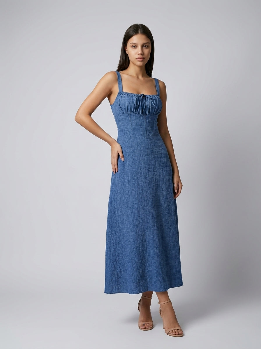 Maren Corset Square Neck Maxi Dress in Blue