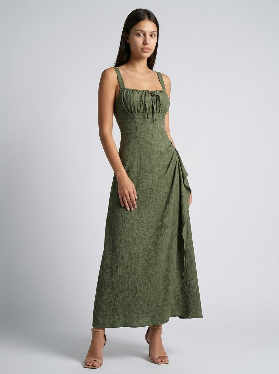 Maren Corset Square Neck Maxi Dress in Olive