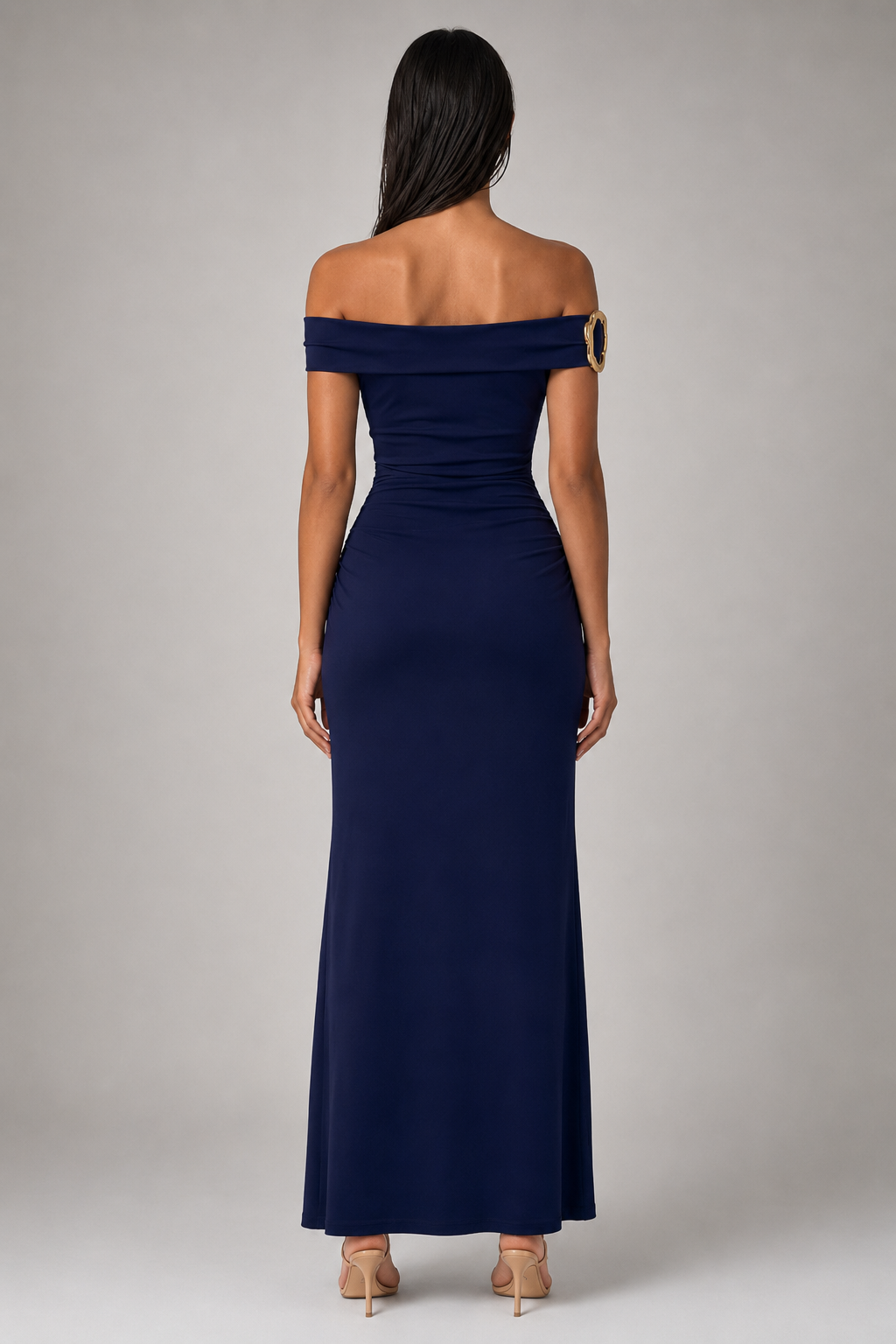 Sabine Off Shoulder Ruched Waist Maxi Dress in Navy