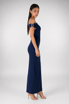 Sabine Off Shoulder Ruched Waist Maxi Dress in Navy