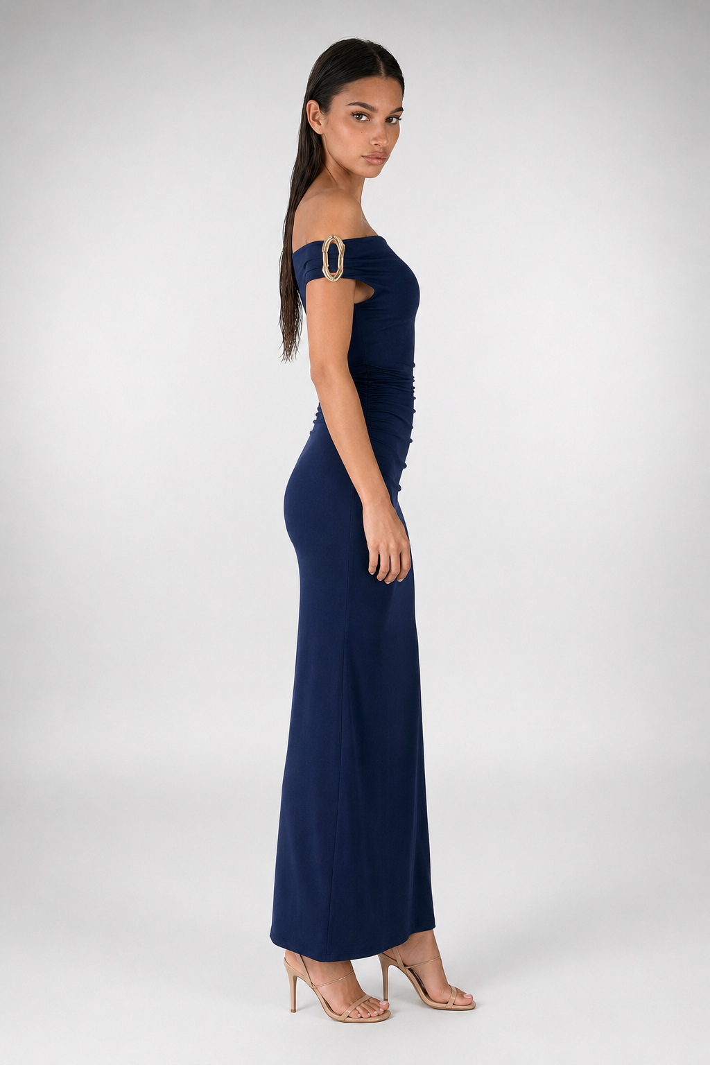 Sabine Off Shoulder Ruched Waist Maxi Dress in Navy