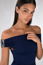 Sabine Off Shoulder Ruched Waist Maxi Dress in Navy