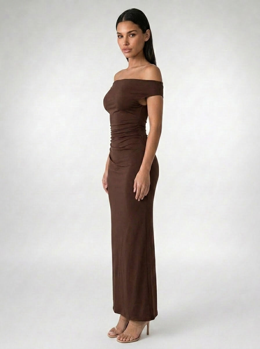 Sabine Off Shoulder Ruched Waist Maxi Dress in Brown