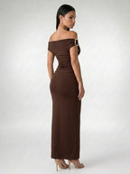 Sabine Off Shoulder Ruched Waist Maxi Dress in Brown