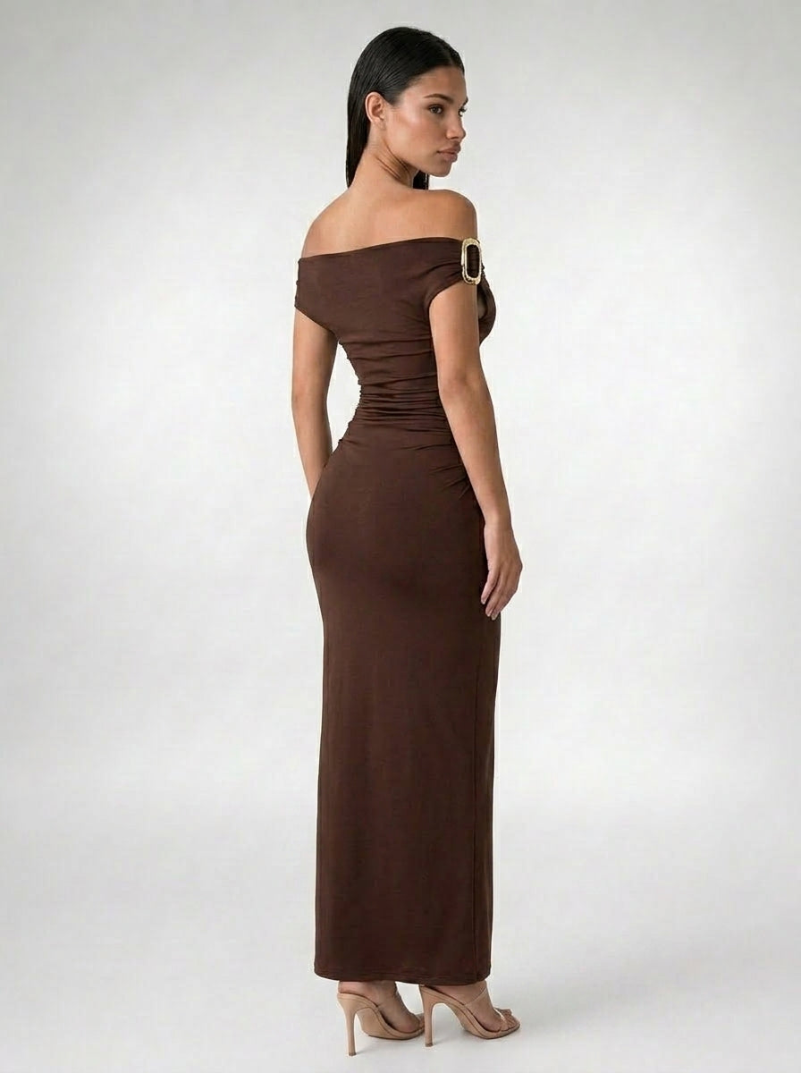 Sabine Off Shoulder Ruched Waist Maxi Dress in Brown