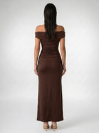 Sabine Off Shoulder Ruched Waist Maxi Dress in Brown