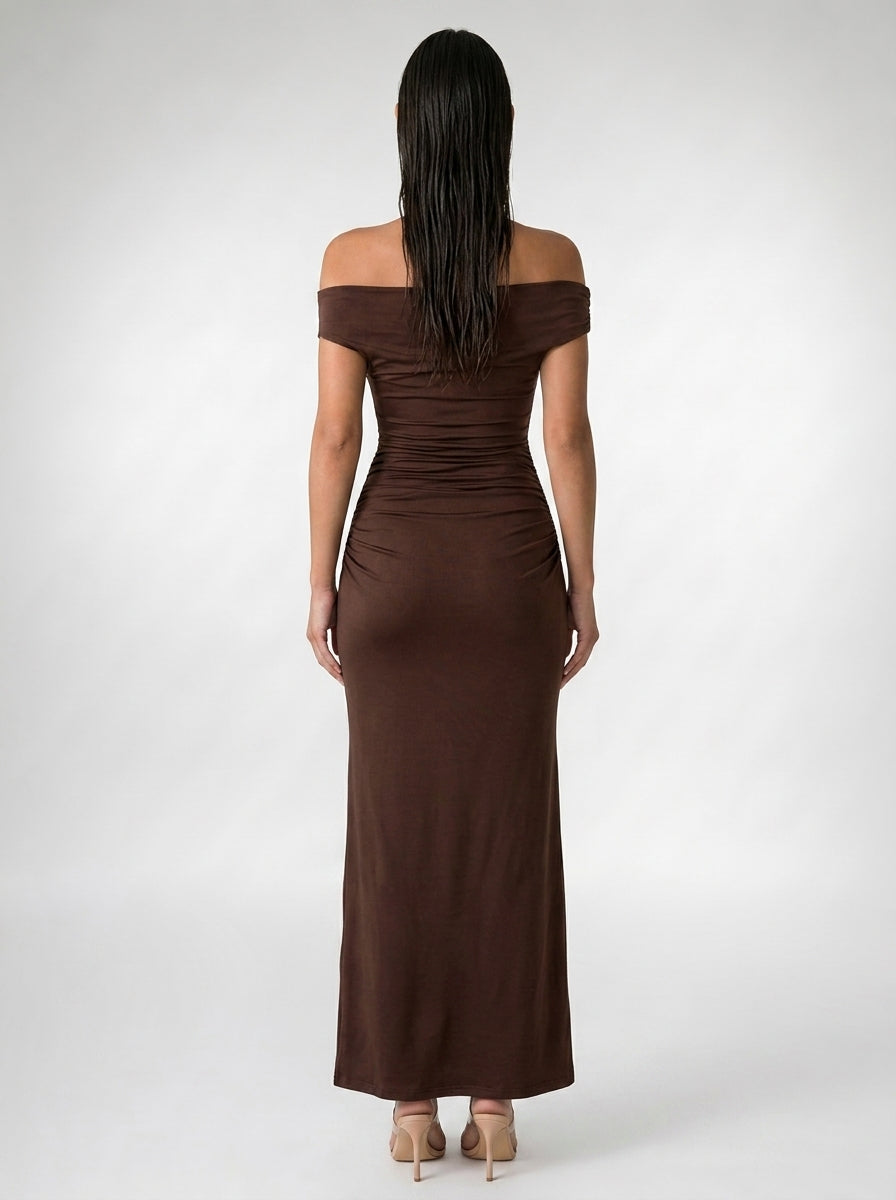 Sabine Off Shoulder Ruched Waist Maxi Dress in Brown