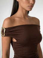 Sabine Off Shoulder Ruched Waist Maxi Dress in Brown