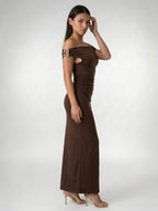 Sabine Off Shoulder Ruched Waist Maxi Dress in Brown