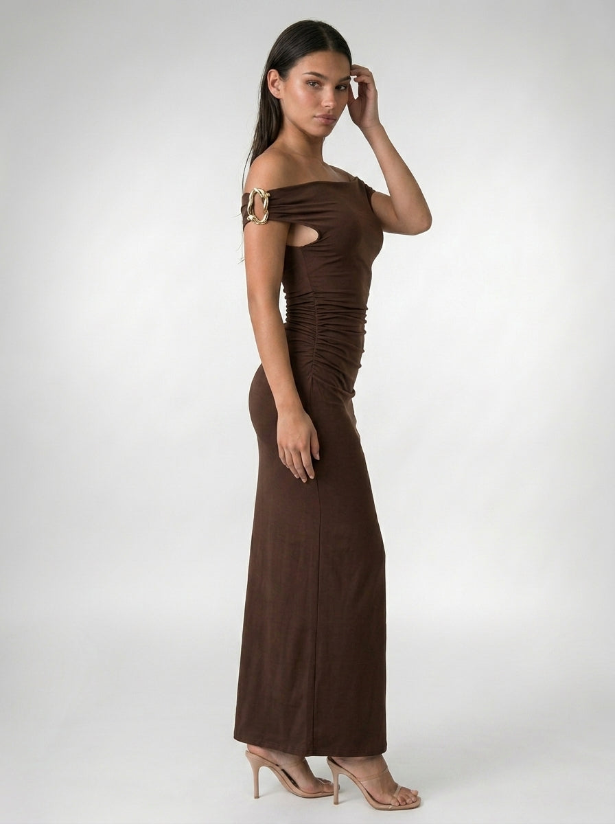 Sabine Off Shoulder Ruched Waist Maxi Dress in Brown