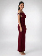 Sabine Off Shoulder Ruched Waist Maxi Dress in Burgundy