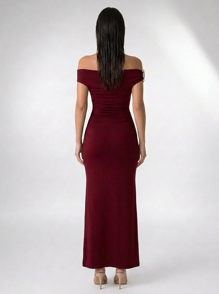 Sabine Off Shoulder Ruched Waist Maxi Dress in Burgundy