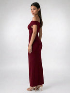 Sabine Off Shoulder Ruched Waist Maxi Dress in Burgundy